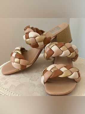 Braided Block Heel Sandals in Nude/Gold/Brown